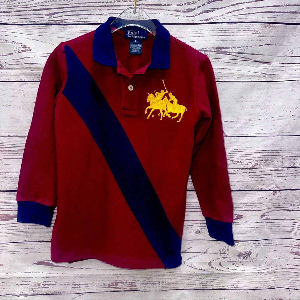 Polo by Ralph Lauren Big Pony Burgundy & Blue Long Sleeve Mesh Rugby Shirt